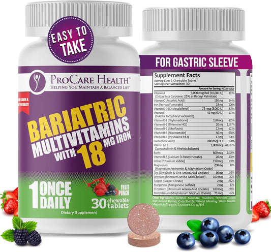 Bariatric Multivitamin Chewable Pills with Iron - Fruit Punch Flavor (30 Tablets) for Gastric Bypass & Sleeve Gastrectomy Patients