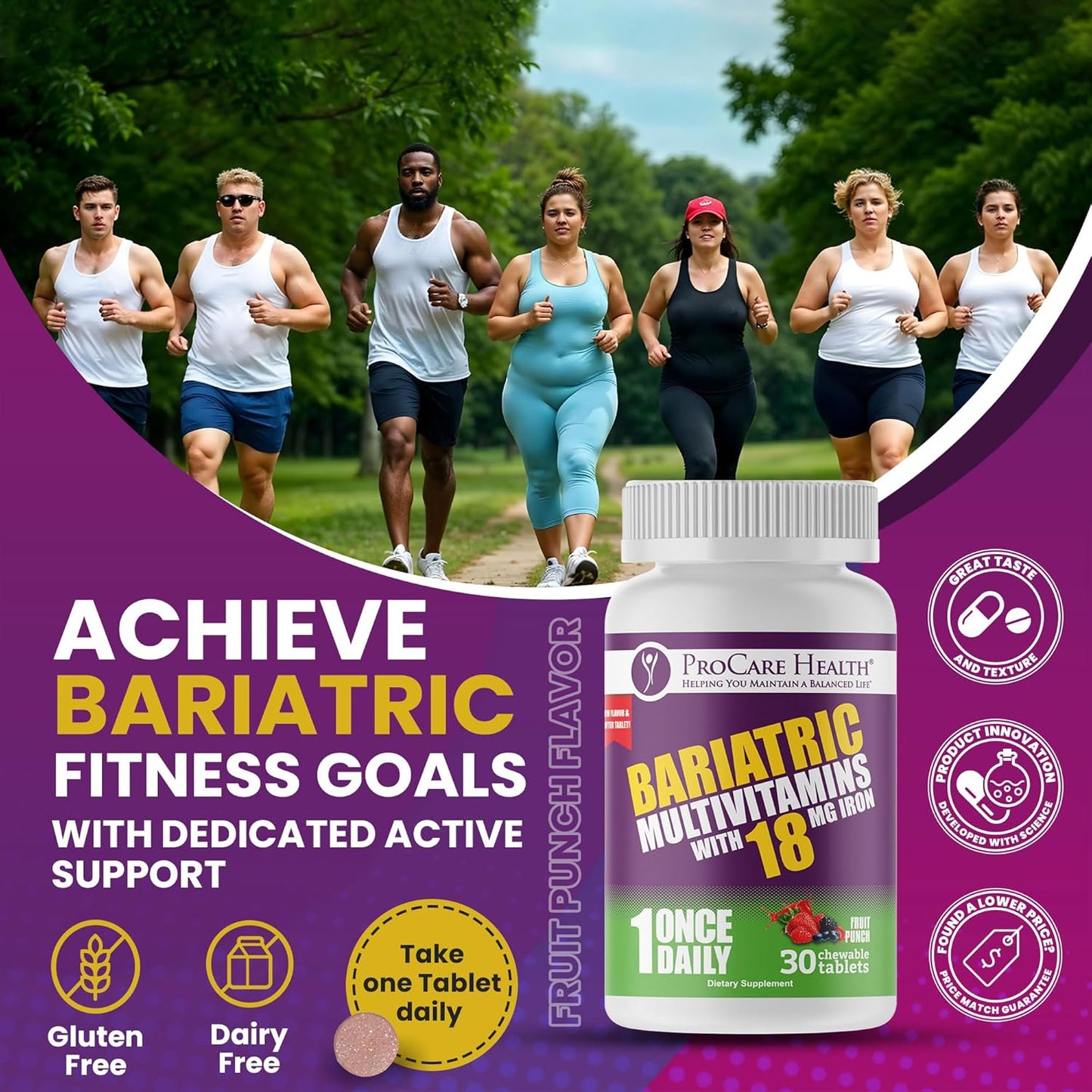 Bariatric Multivitamin Chewable Pills with Iron - Fruit Punch Flavor (30 Tablets) for Gastric Bypass & Sleeve Gastrectomy Patients