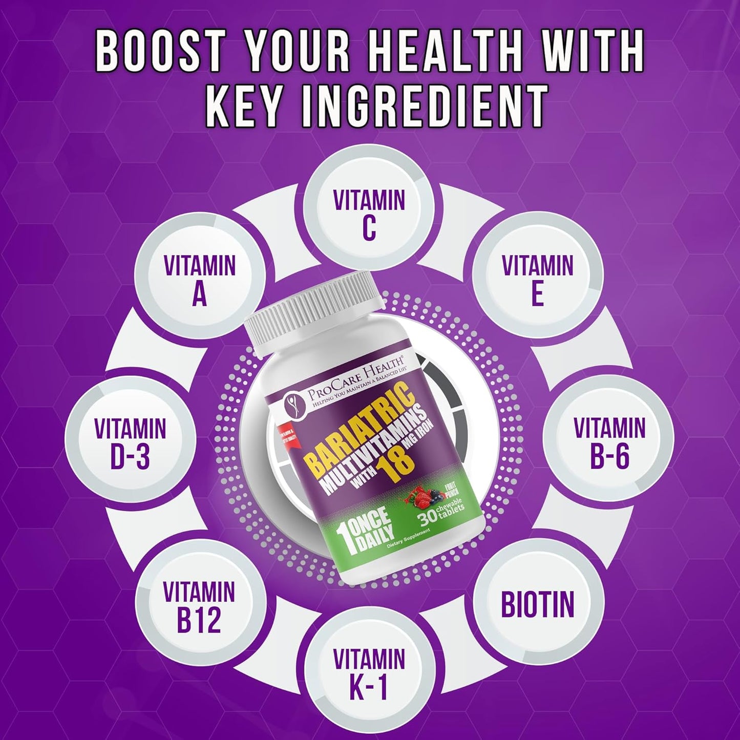 Bariatric Multivitamin Chewable Pills with Iron - Fruit Punch Flavor (30 Tablets) for Gastric Bypass & Sleeve Gastrectomy Patients