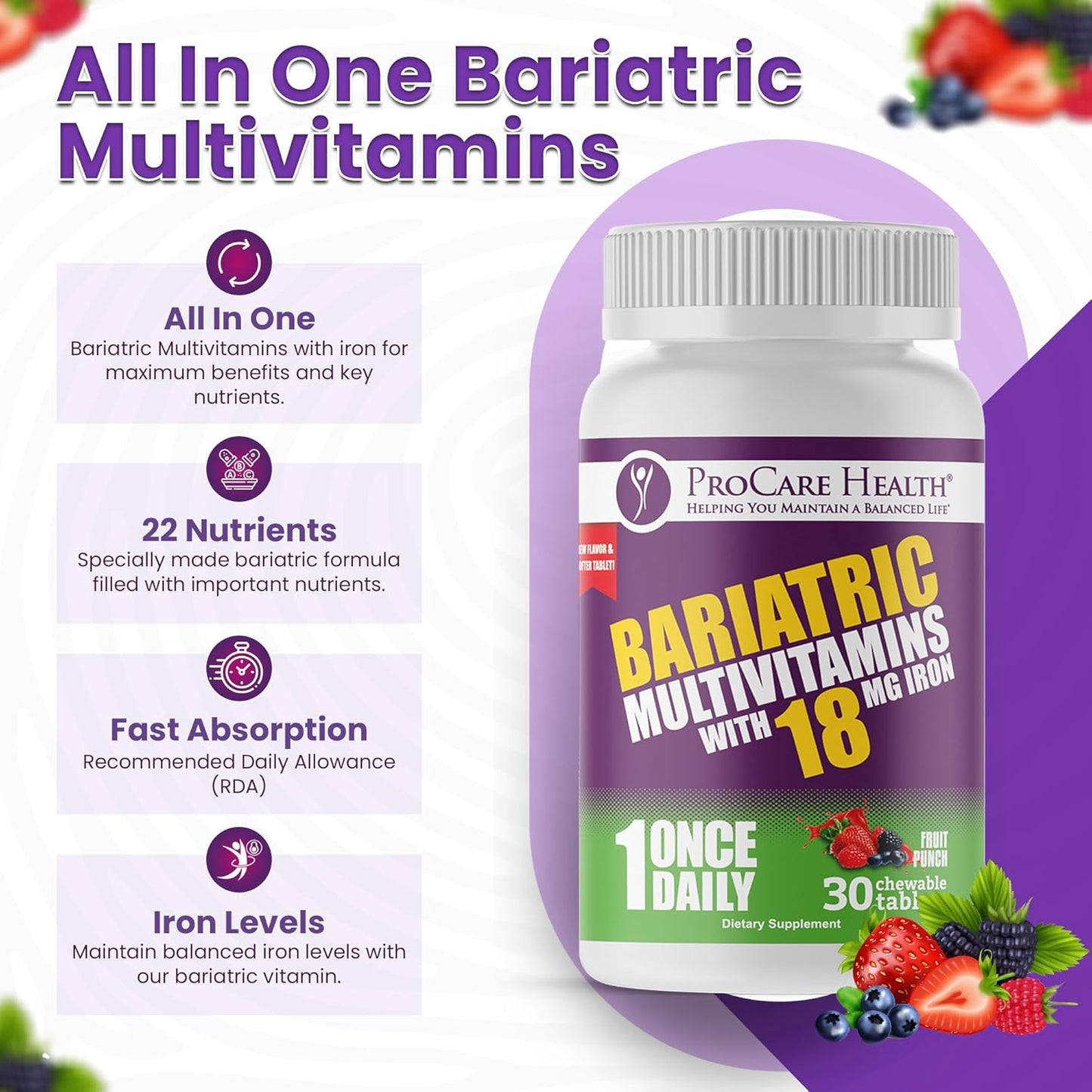 Bariatric Multivitamin Chewable Pills with Iron - Fruit Punch Flavor (30 Tablets) for Gastric Bypass & Sleeve Gastrectomy Patients