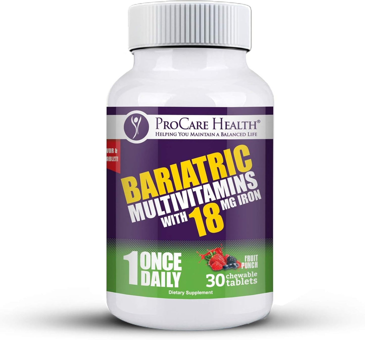 Bariatric Multivitamin Chewable Pills with Iron - Fruit Punch Flavor (30 Tablets) for Gastric Bypass & Sleeve Gastrectomy Patients