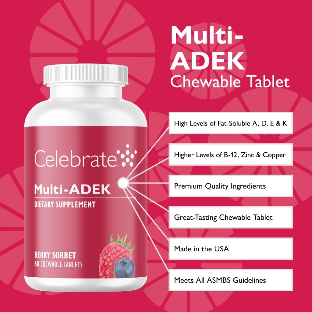 Bariatric Multivitamin Chewables - Iron-Free with High Vitamins ADEK & B12 - Berry Sorbet Flavor - 60 Tablets
