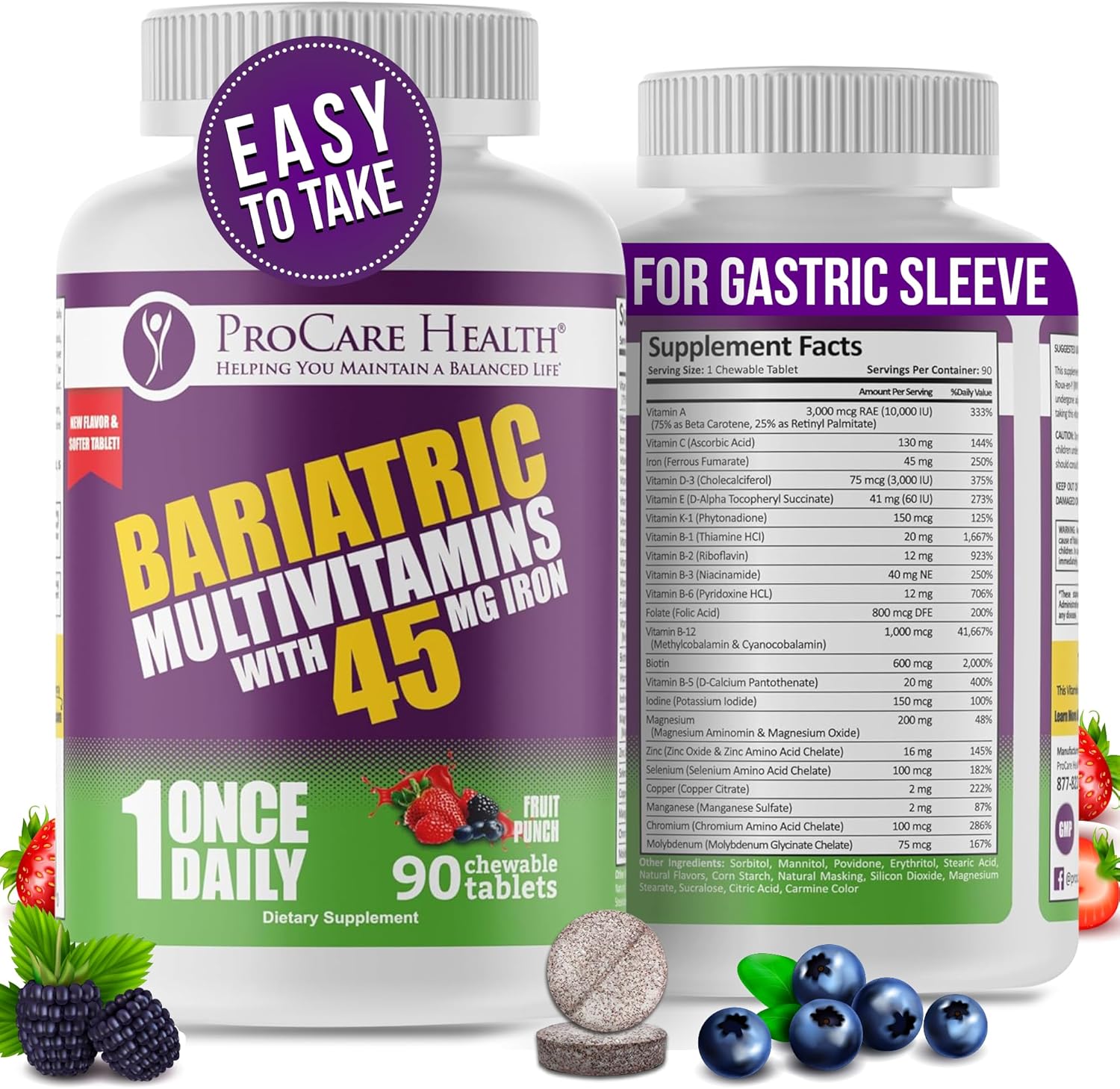 Bariatric Multivitamin with Iron 45mg Chewables - Fruit Punch Flavor (90 Tablets) for Gastric Bypass & Sleeve Gastrectomy Patients - 03 Month Supply