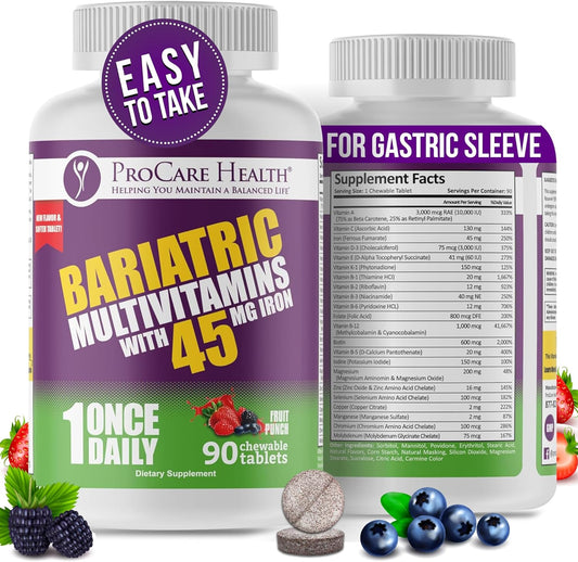 Bariatric Multivitamin with Iron 45mg Chewables - Fruit Punch Flavor (90 Tablets) for Gastric Bypass & Sleeve Gastrectomy Patients - 03 Month Supply