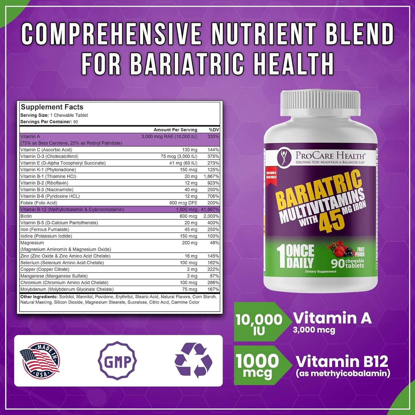 Bariatric Multivitamin with Iron 45mg Chewables - Fruit Punch Flavor (90 Tablets) for Gastric Bypass & Sleeve Gastrectomy Patients - 03 Month Supply