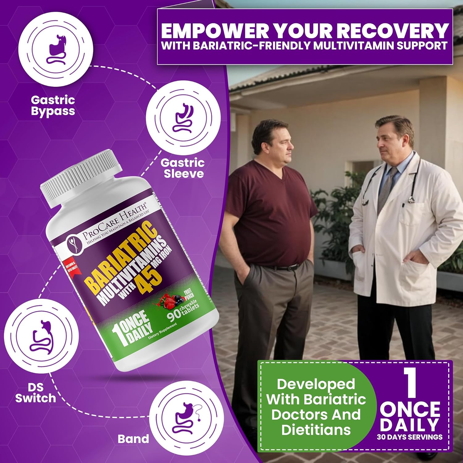 Bariatric Multivitamin with Iron 45mg Chewables - Fruit Punch Flavor (90 Tablets) for Gastric Bypass & Sleeve Gastrectomy Patients - 03 Month Supply