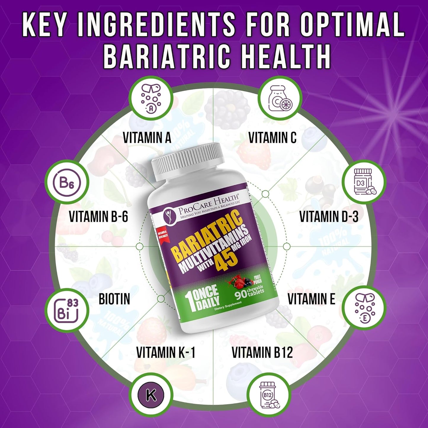 Bariatric Multivitamin with Iron 45mg Chewables - Fruit Punch Flavor (90 Tablets) for Gastric Bypass & Sleeve Gastrectomy Patients - 03 Month Supply