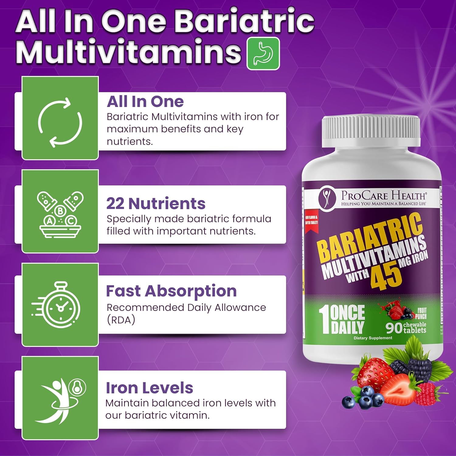 Bariatric Multivitamin with Iron 45mg Chewables - Fruit Punch Flavor (90 Tablets) for Gastric Bypass & Sleeve Gastrectomy Patients - 03 Month Supply