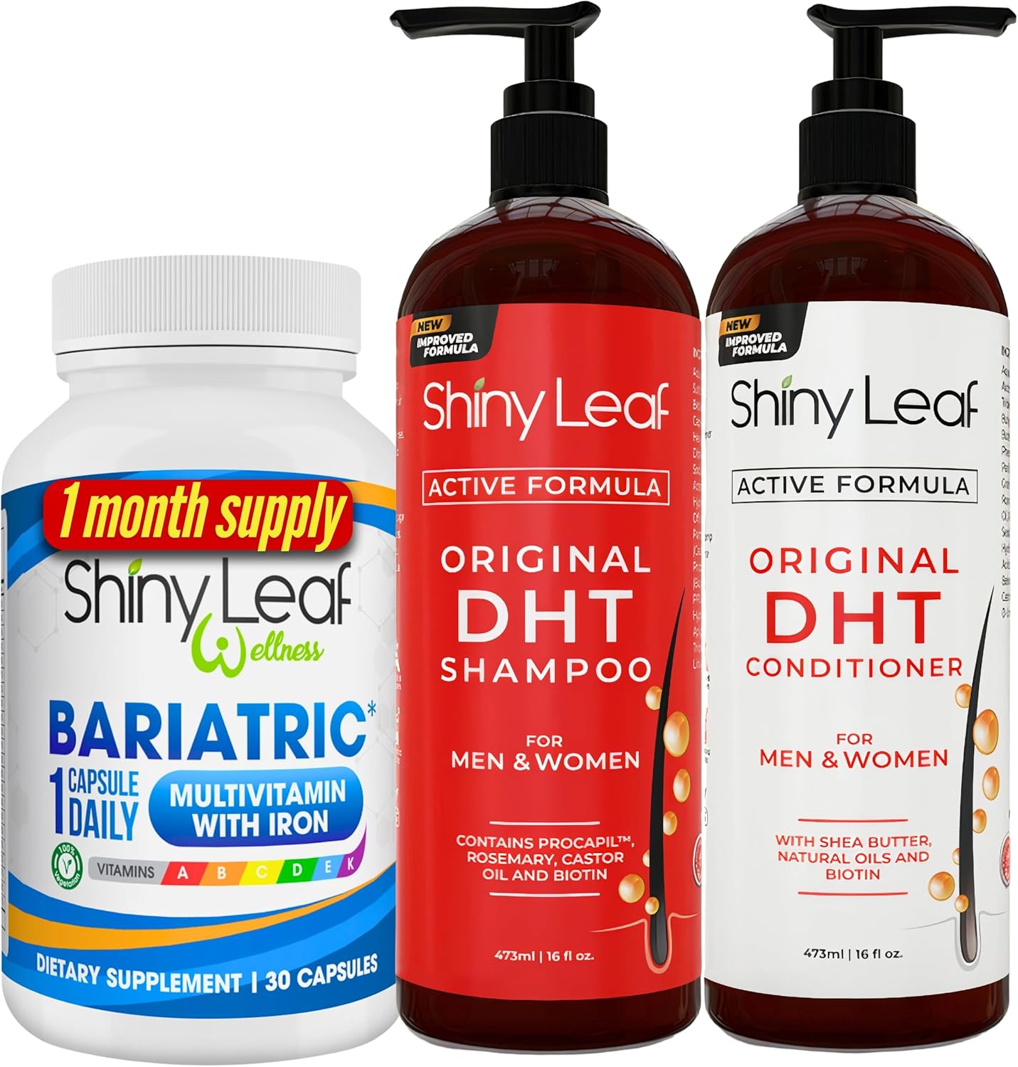 Bariatric Multivitamin with Iron + DHT Blocker Shampoo & Conditioner: Hair Loss Solution for Women & Men
