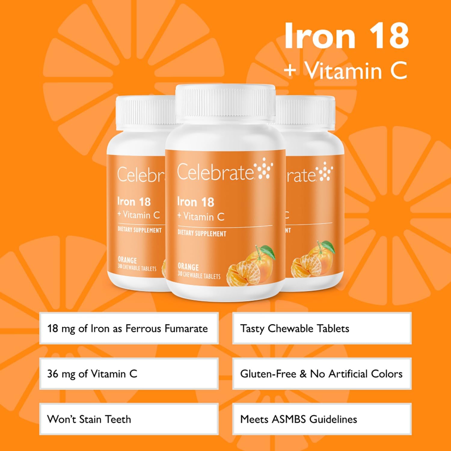 Bariatric Supplements Iron with Vitamin C - 18mg Iron, 36mg Vitamin C, Chewable Tablets for WLS Patients, Sleeve & Bypass Surgery - Tangerine, 90 Count