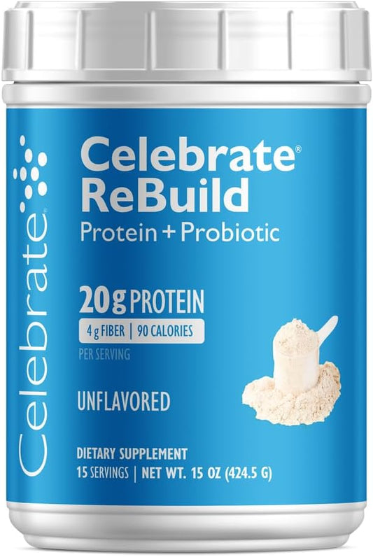 Bariatric Supplements Rebuild Protein Powder with Probiotics & Prebiotics - 20g Whey Isolate Protein, High Fiber - Unflavored (15 Servings)