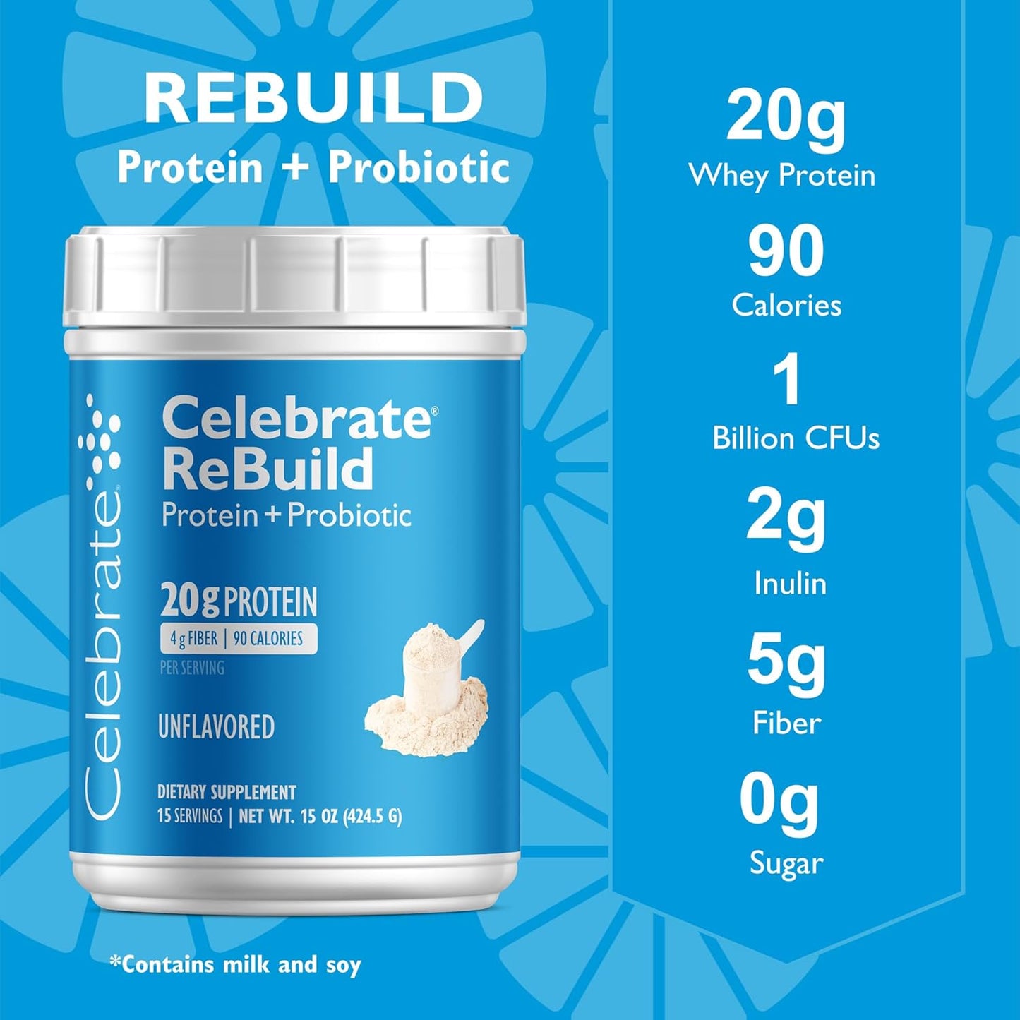 Bariatric Supplements Rebuild Protein Powder with Probiotics & Prebiotics - 20g Whey Isolate Protein, High Fiber - Unflavored (15 Servings)
