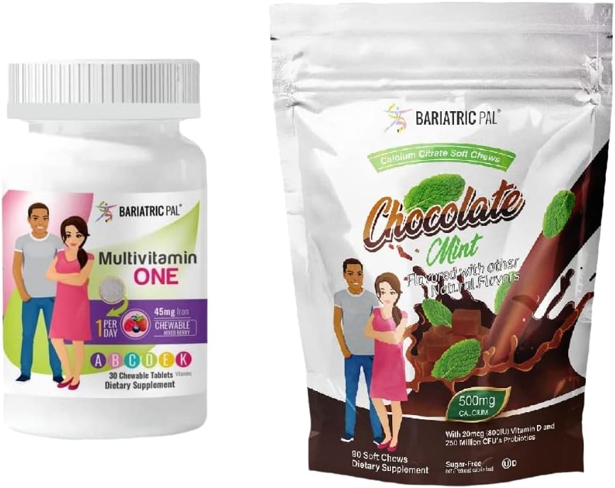 BariatricPal 30-Day Multivitamin Bundle: Chewable One-a-Day with Iron + Calcium Citrate Soft Chews with Probiotics