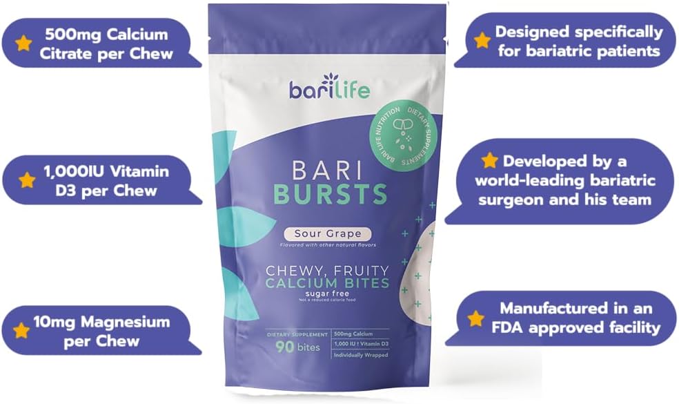 BariBurst Calcium Citrate Chews with Vitamin D3 for Bariatric Patients - Sour Grape Flavor - 1000 IU - Bari Life
