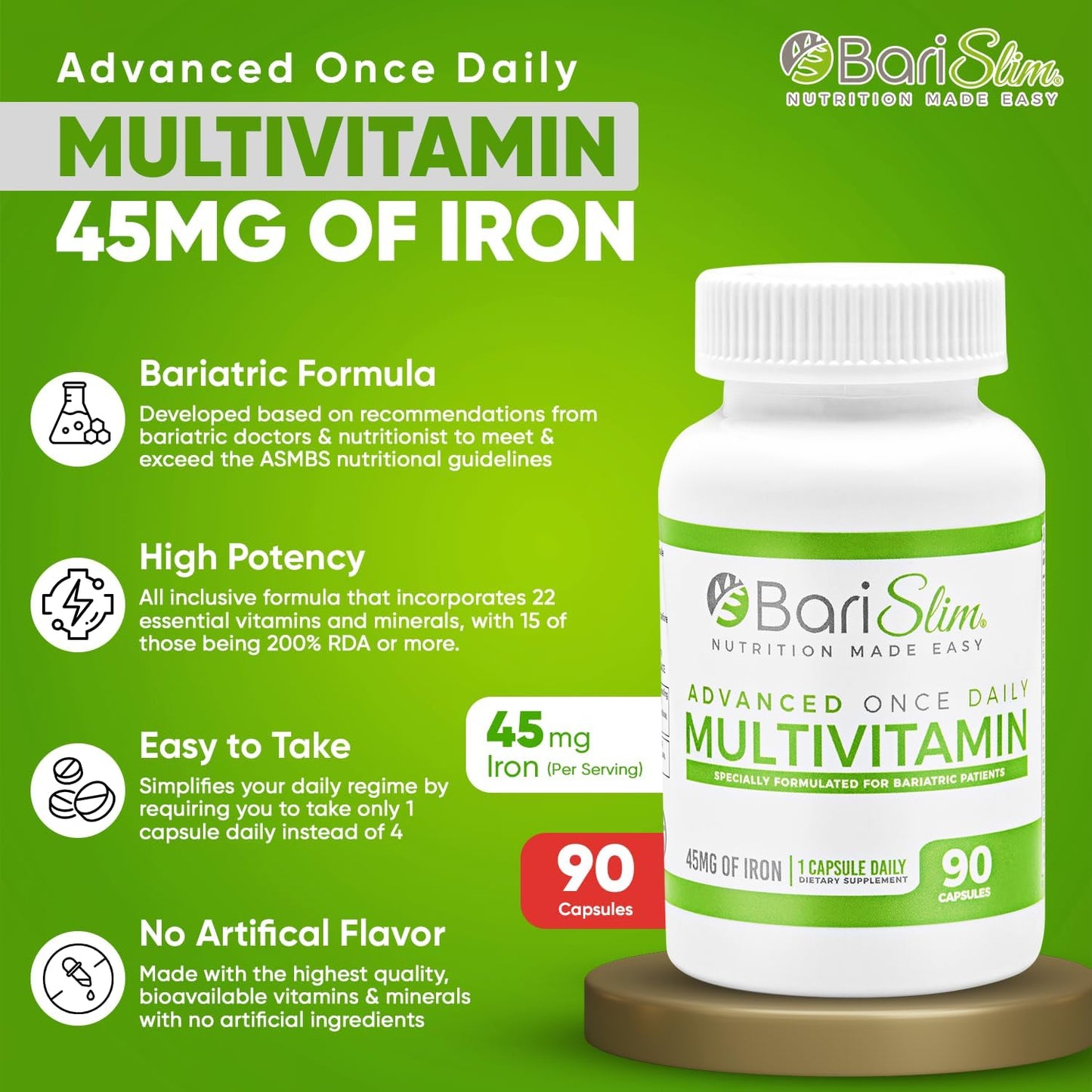 BariSlim Advanced Once Daily Bariatric Multivitamin Capsule with Iron - Post Surgery Vitamin for Gastric Bypass & Sleeve - 90 Day Supply - BoostGo Australia