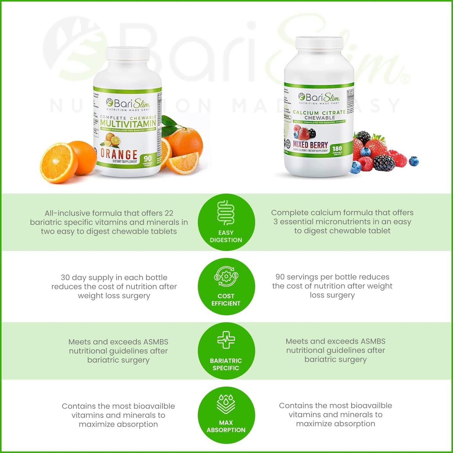 BariSlim Bariatric Calcium Citrate & Chewable Multivitamin - Post Surgery Supplement for Gastric Bypass & Sleeve