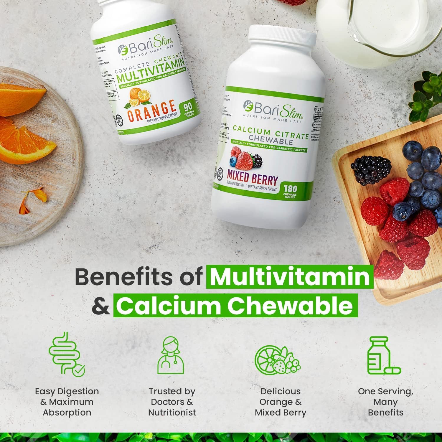 BariSlim Bariatric Calcium Citrate & Chewable Multivitamin - Post Surgery Supplement for Gastric Bypass & Sleeve