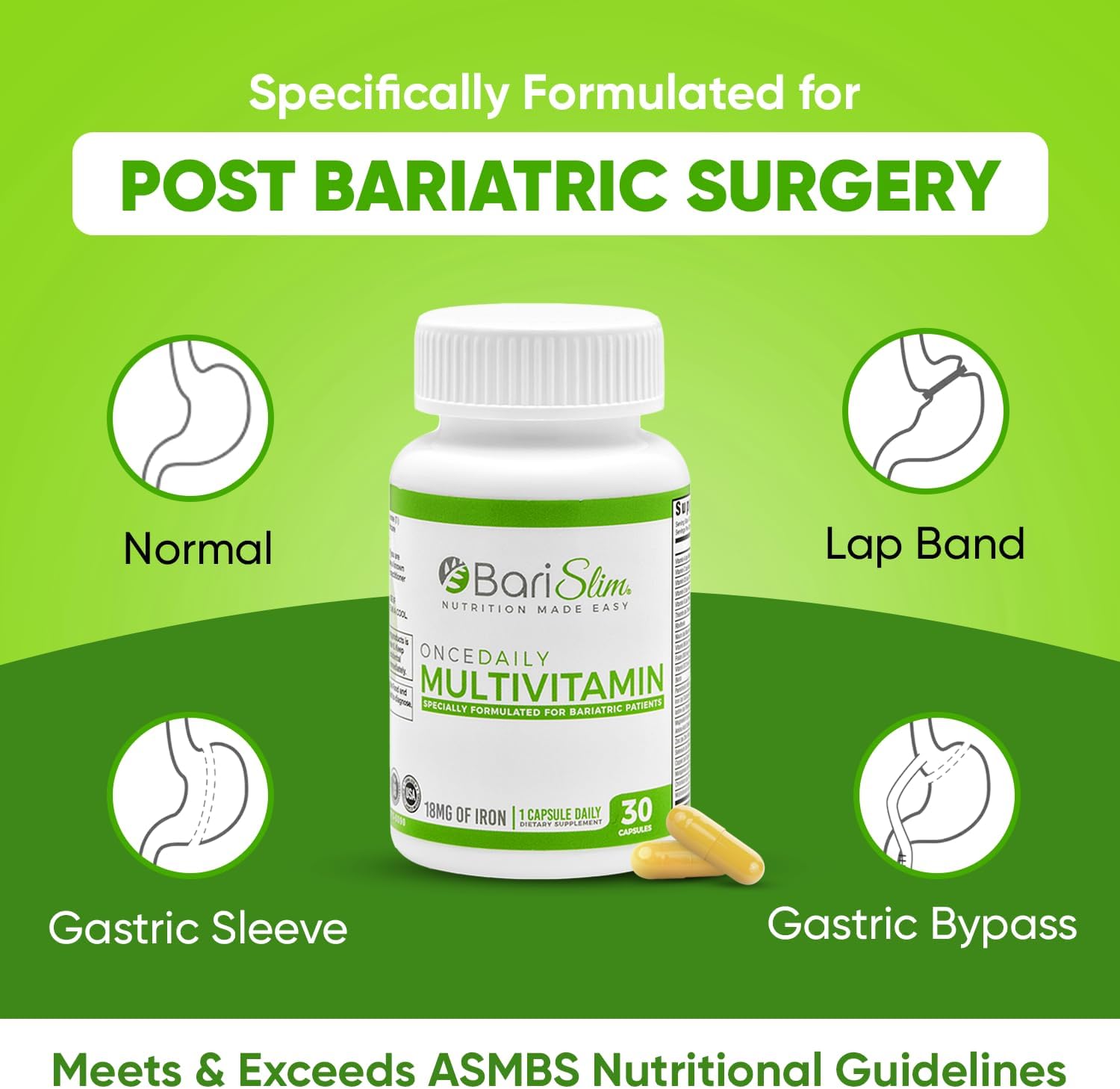 BariSlim Bariatric Multivitamin Capsule with Iron - Post Surgery Supplement for Gastric Bypass & Sleeve - 30 Day Supply - BoostGo Australia