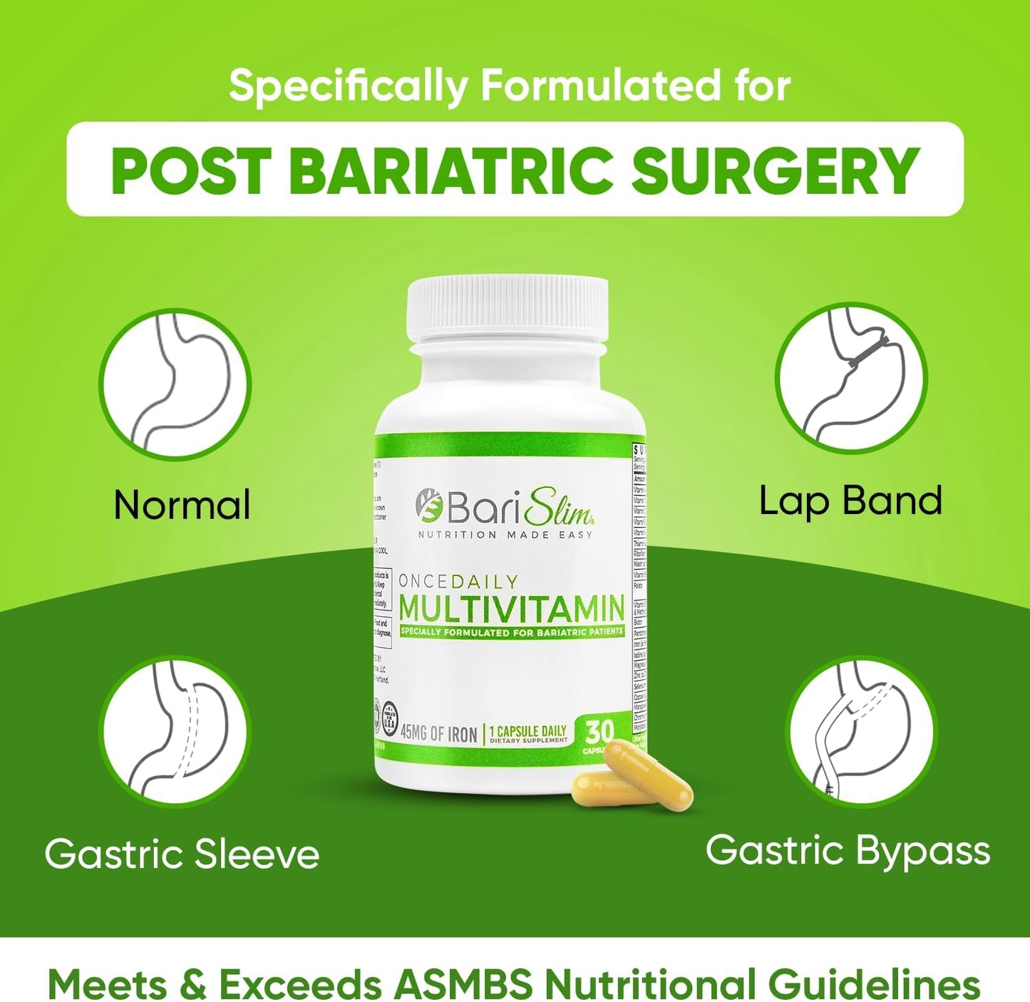 BariSlim Bariatric Multivitamin Capsule with Iron - Post-Surgery Supplement for Gastric Bypass & Sleeve - 30-Day Supply