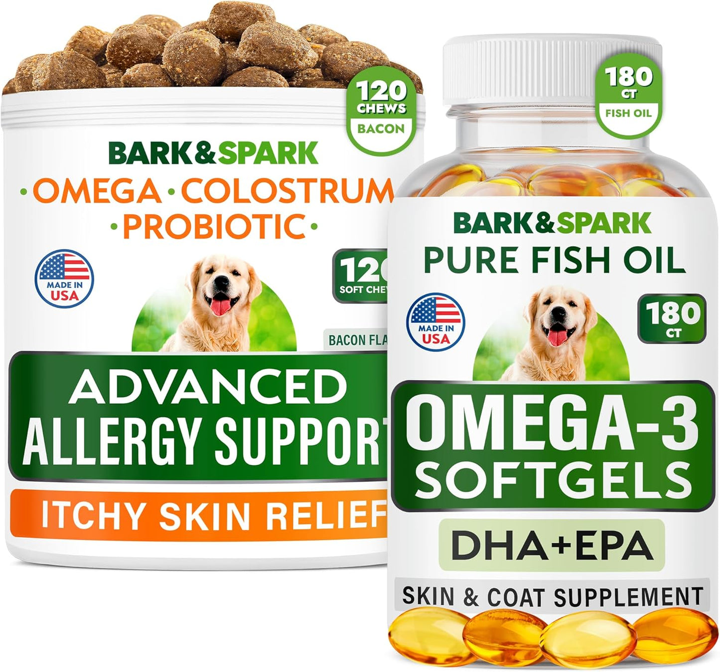 BARK&SPARK Advanced Dog Allergy Relief Bundle with Omega 3 for Skin and Joint Health - Bacon and Fish Flavor - Made in USA