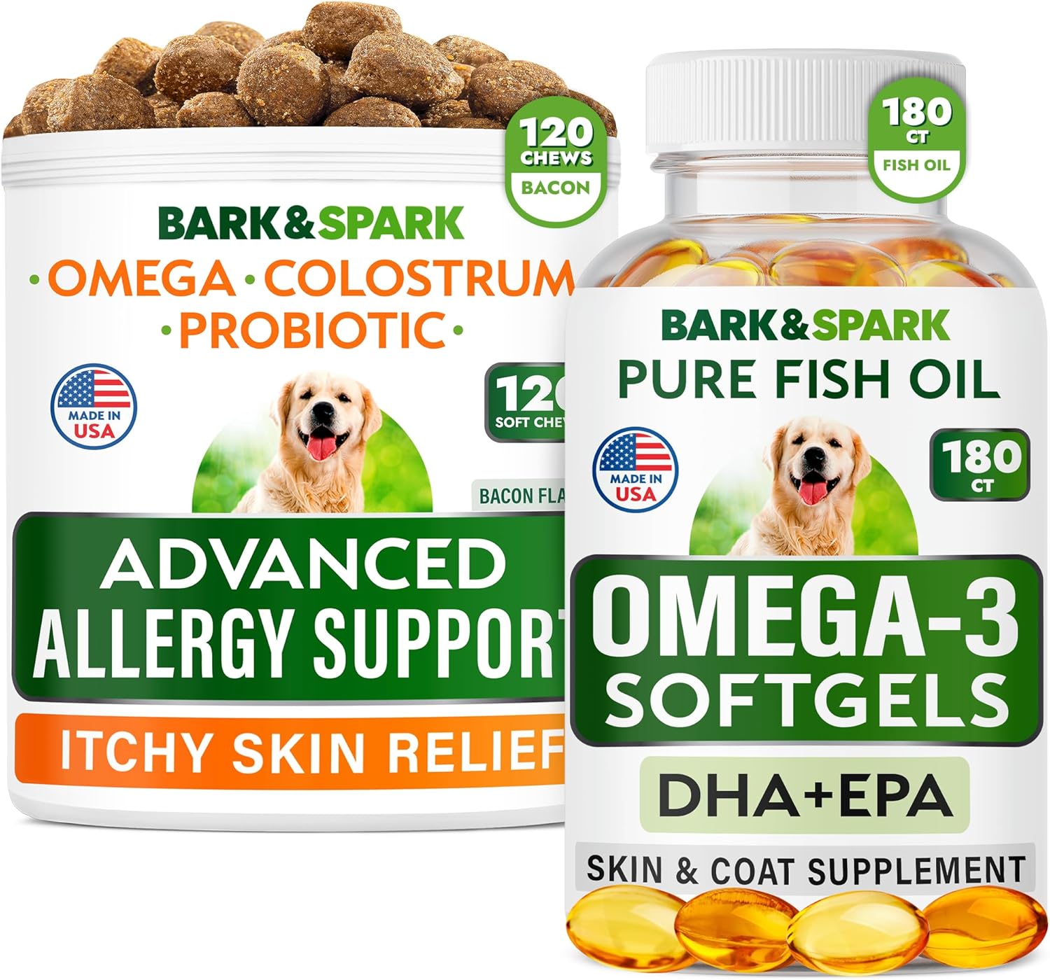 BARK&SPARK Advanced Dog Allergy Relief Bundle with Omega 3 for Skin and Joint Health - Bacon and Fish Flavor - Made in USA