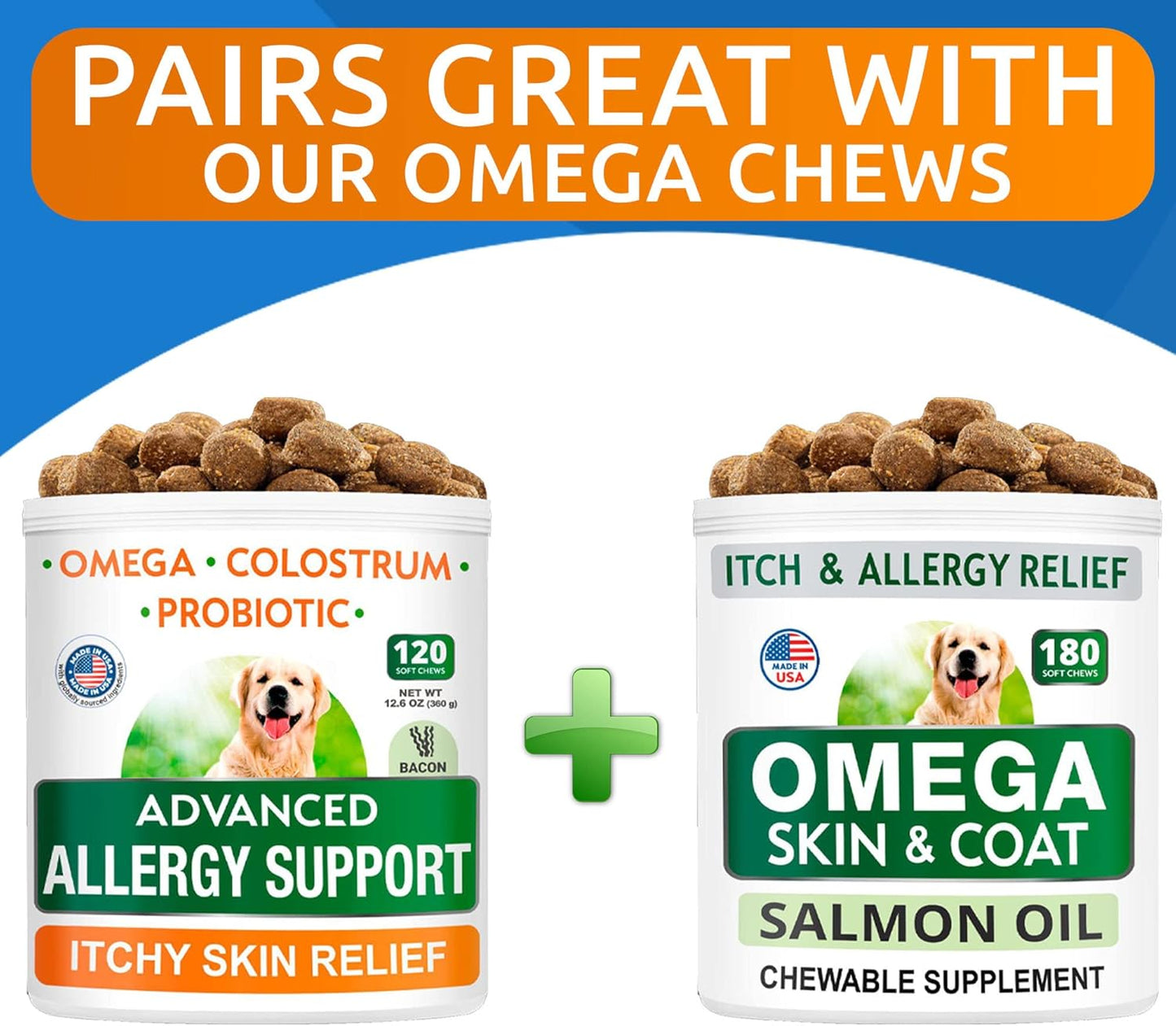 BARK&SPARK Advanced Dog Allergy Relief Bundle with Omega 3 for Skin and Joint Health - Bacon and Fish Flavor - Made in USA