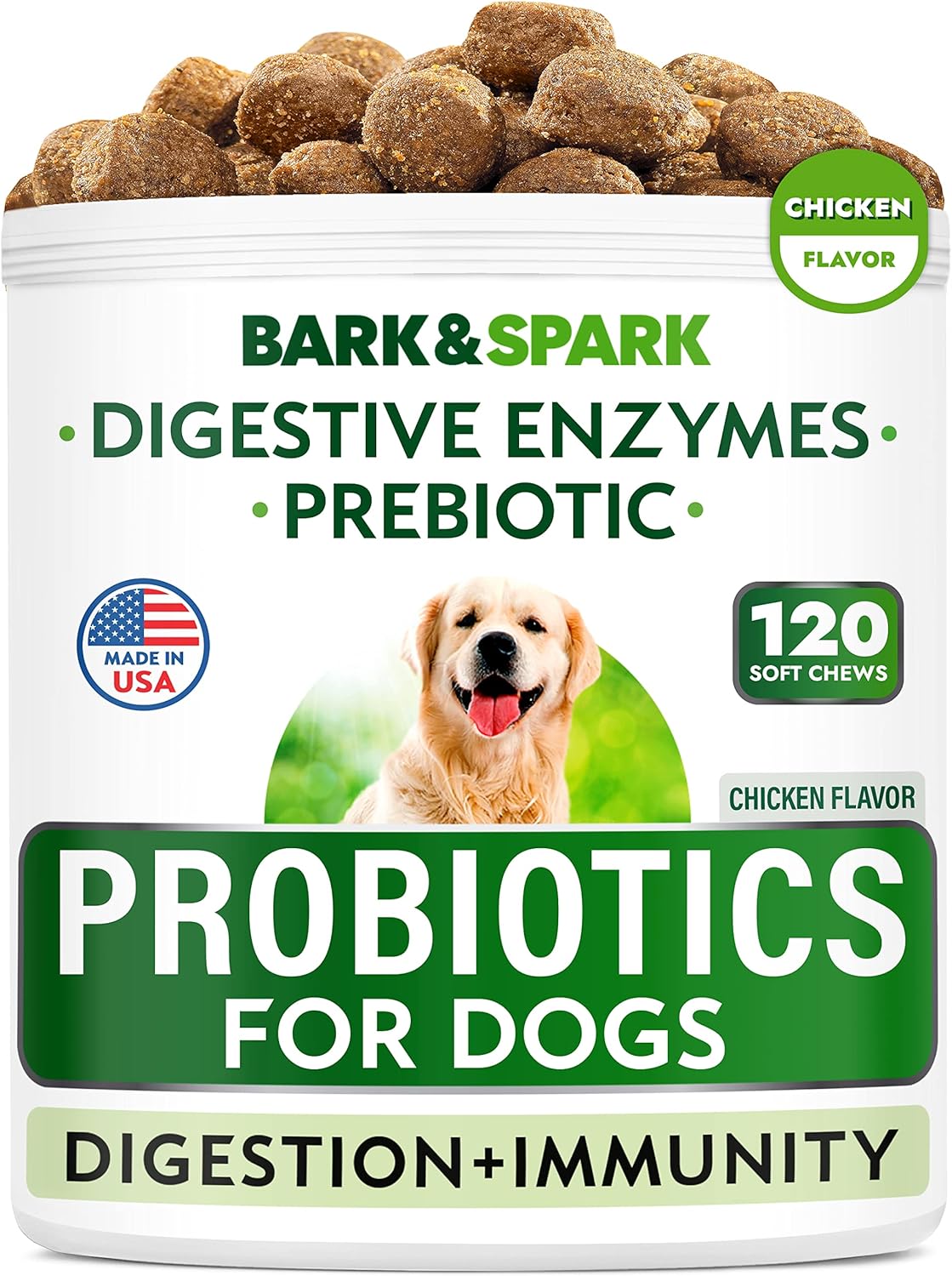 BARK&SPARK Dog Probiotic Chews for Gas, Diarrhea, Allergies with Enzymes, Prebiotics, Chewable Fiber for Digestion and Immunity - 99 Ct Beef - Made in USA