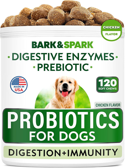 BARK&SPARK Dog Probiotic Chews for Gas, Diarrhea, Allergies with Enzymes, Prebiotics, Chewable Fiber for Digestion and Immunity - 99 Ct Beef - Made in USA