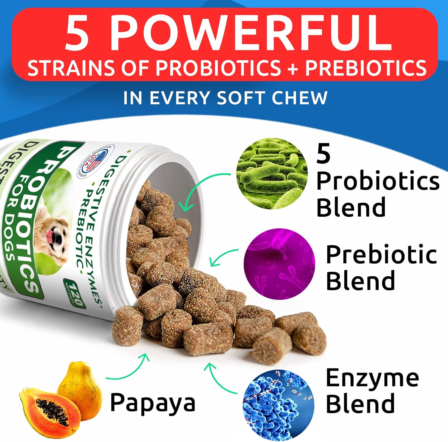 BARK&SPARK Dog Probiotic Chews for Gas, Diarrhea, Allergies with Enzymes, Prebiotics, Chewable Fiber for Digestion and Immunity - 99 Ct Beef - Made in USA