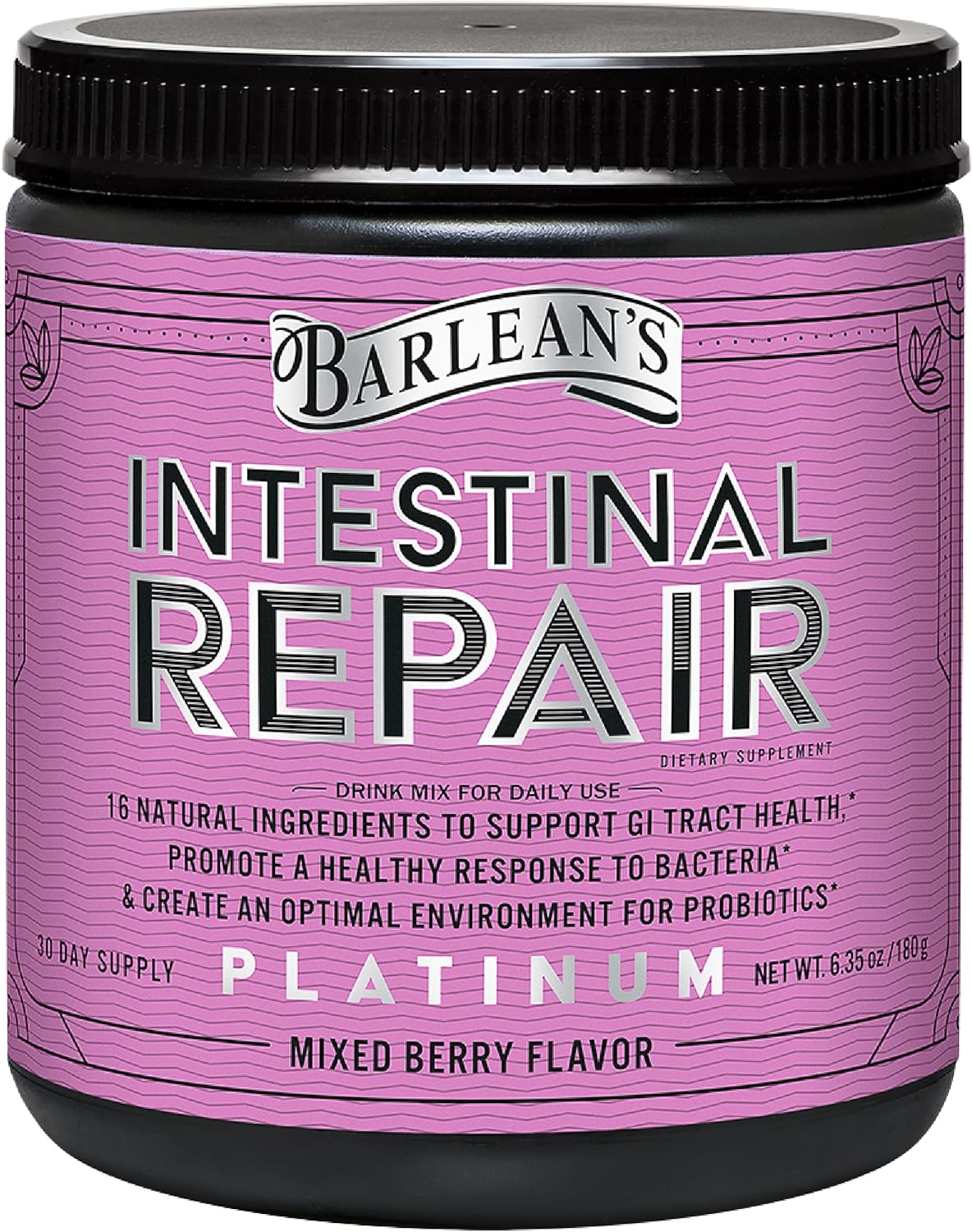Barlean's Intestinal Repair Gut Health Powder with 16 Digestive Supplements, L-Glutamine, Marshmallow & Licorice Root, Aloe Vera, Fiber - Mixed Berry Flavor - 6.35 oz
