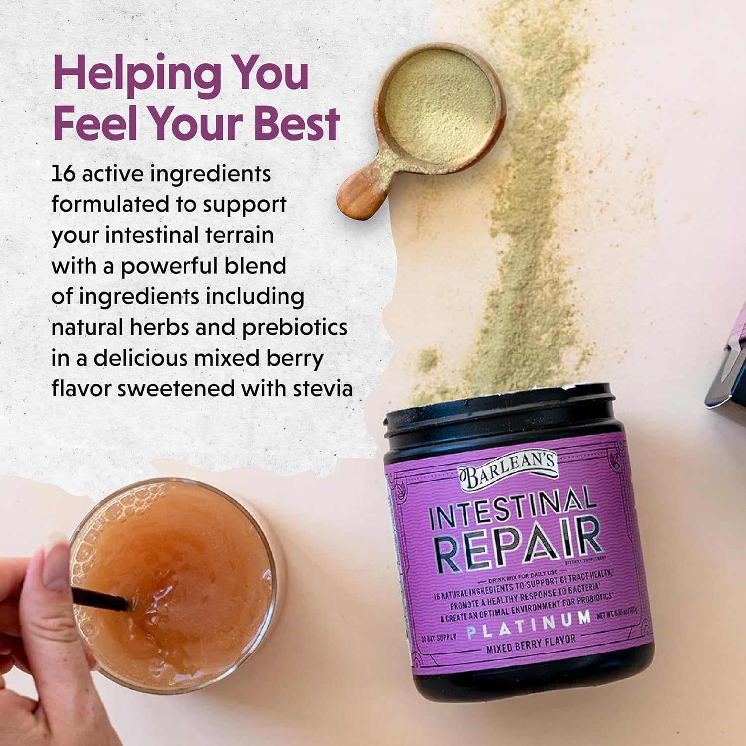 Barlean's Intestinal Repair Gut Health Powder with 16 Digestive Supplements, L-Glutamine, Marshmallow & Licorice Root, Aloe Vera, Fiber - Mixed Berry Flavor - 6.35 oz