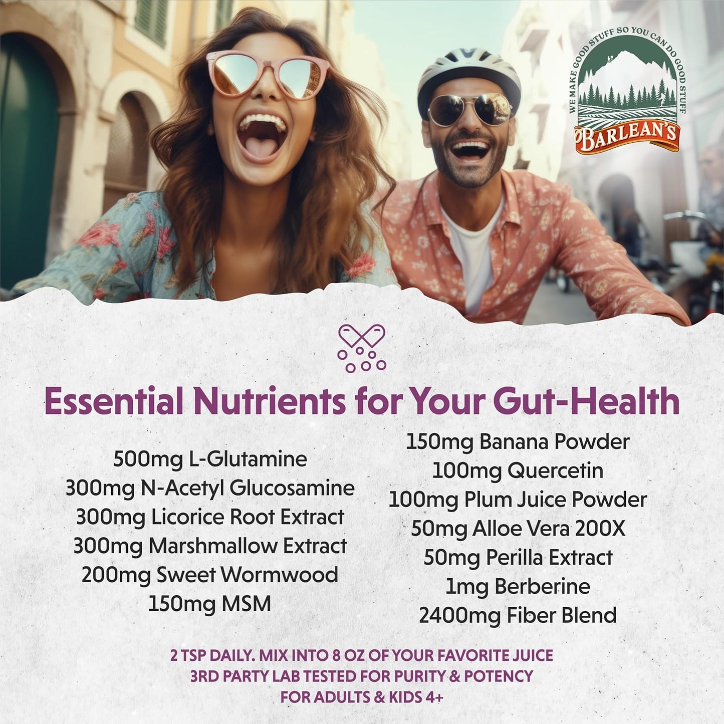 Barlean's Intestinal Repair Gut Health Powder with 16 Digestive Supplements, L-Glutamine, Marshmallow & Licorice Root, Aloe Vera, Fiber - Mixed Berry Flavor - 6.35 oz