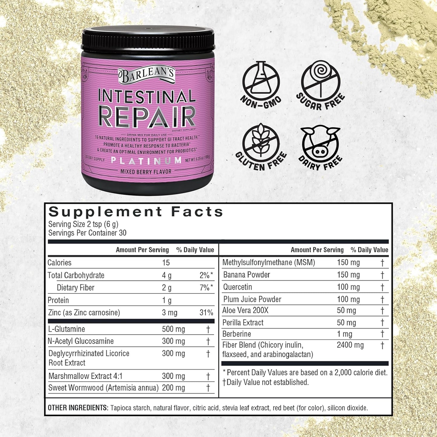 Barlean's Intestinal Repair Gut Health Powder with 16 Digestive Supplements, L-Glutamine, Marshmallow & Licorice Root, Aloe Vera, Fiber - Mixed Berry Flavor - 6.35 oz