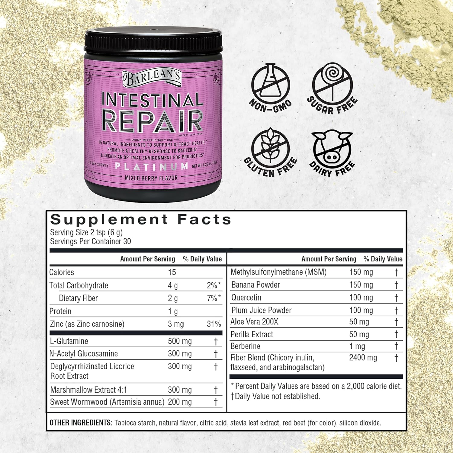 Barlean's Intestinal Repair Gut Health Powder with 16 Digestive Supplements, L-Glutamine, Marshmallow & Licorice Root, Aloe Vera, Fiber - Mixed Berry Flavor - 6.35 oz