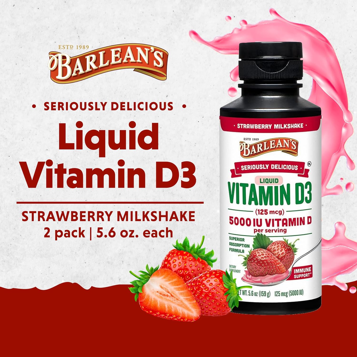 Barlean's Liquid Vitamin D Supplement Pack of 2 - 5000 IU D3, Strawberry Milkshake Flavored, Sugar-Free 5.6 oz for Kids and Adults