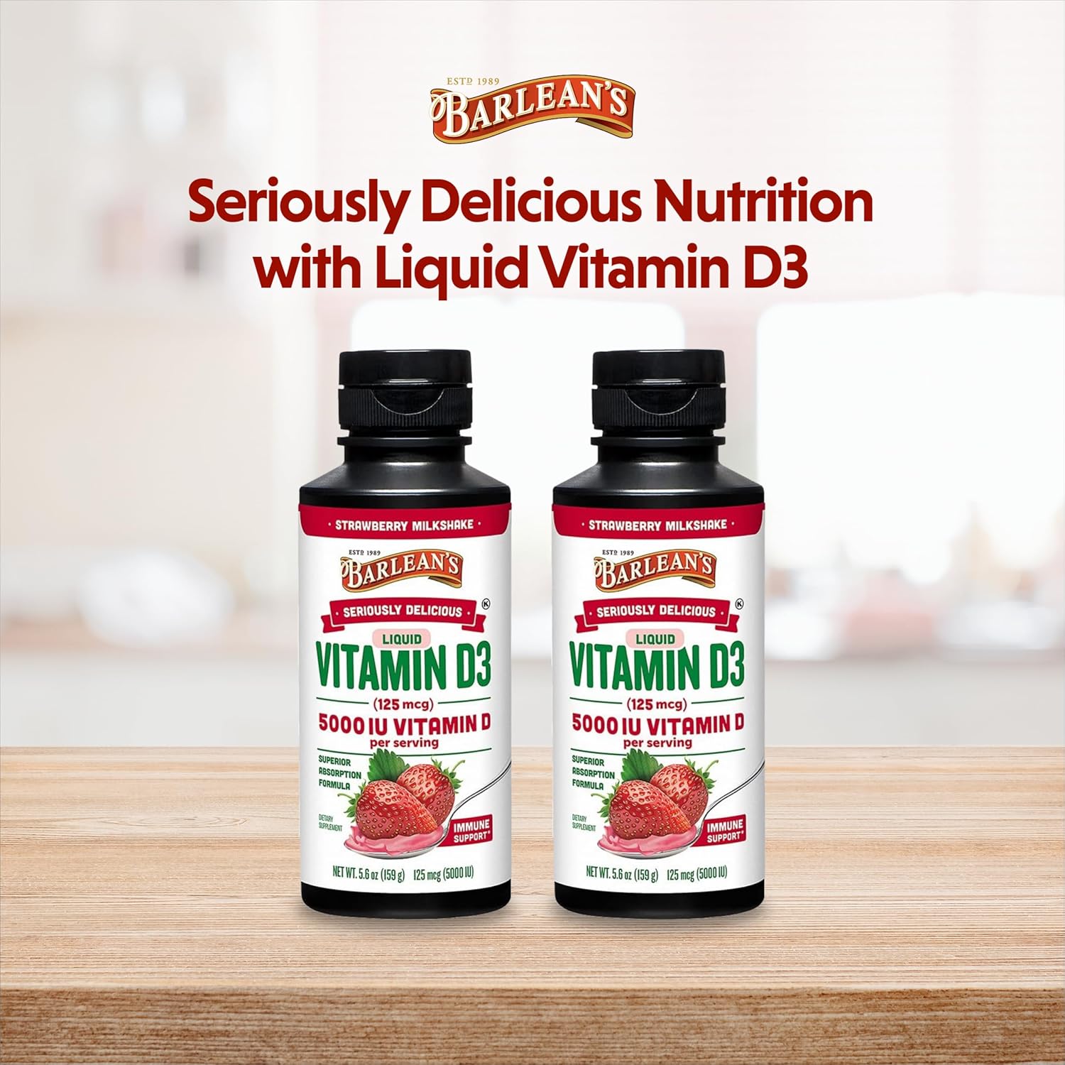 Barlean's Liquid Vitamin D Supplement Pack of 2 - 5000 IU D3, Strawberry Milkshake Flavored, Sugar-Free 5.6 oz for Kids and Adults