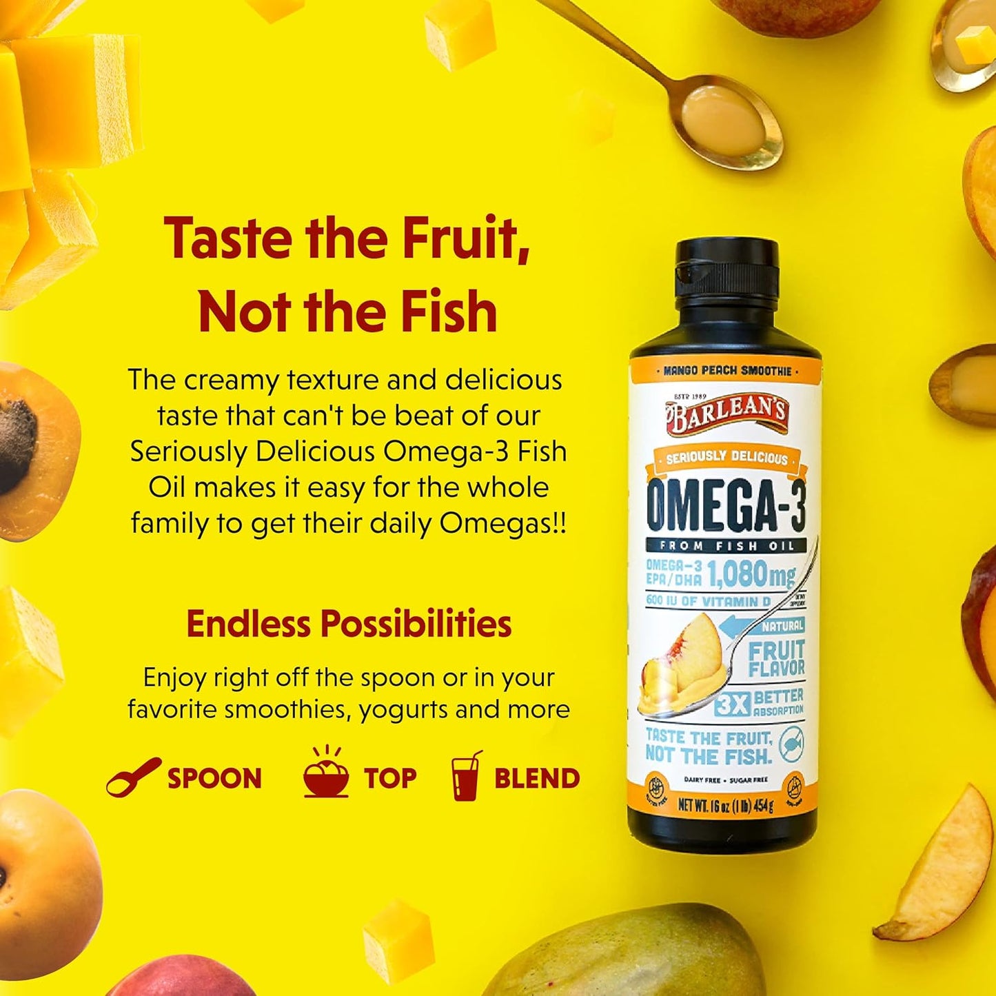 Barlean's Mango Peach Omega 3 Fish Oil Liquid Supplement with Vitamin D, 1080mg EPA & DHA Fatty Acid, Smoothie Flavored, Burpless - 8 oz