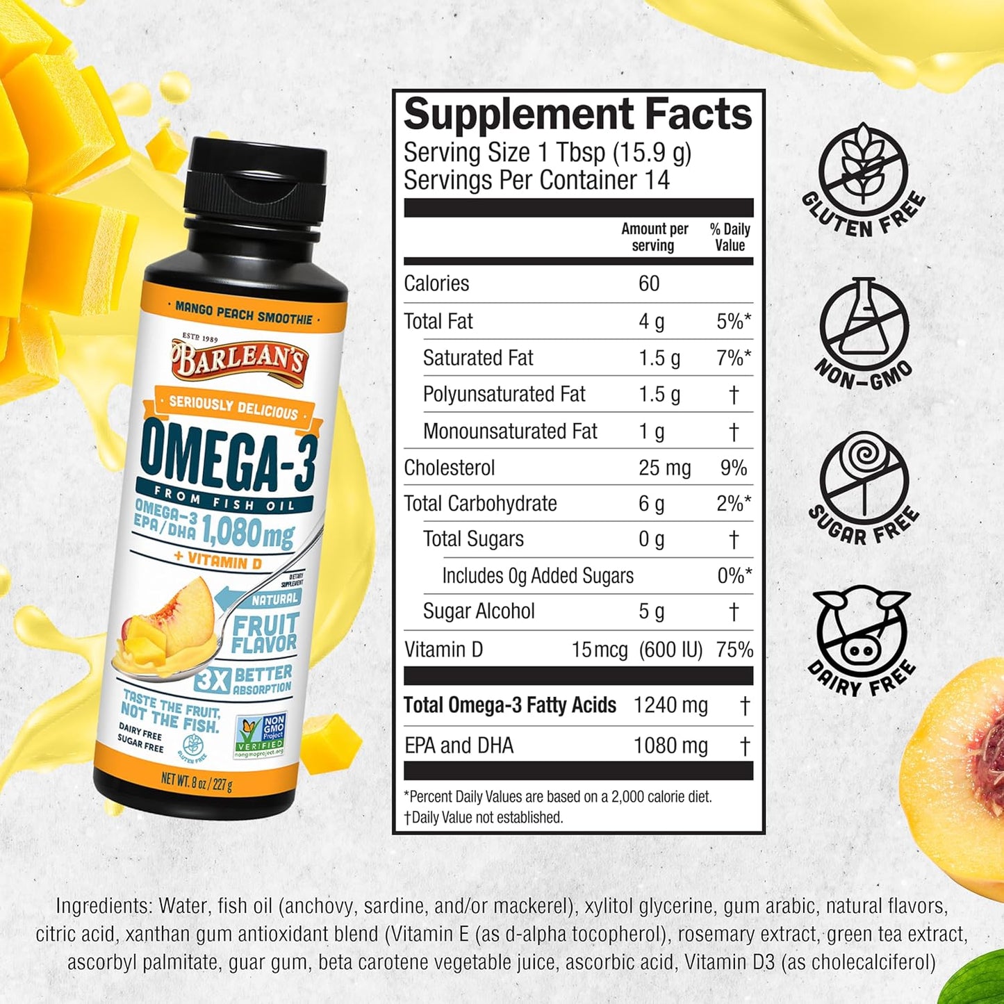 Barlean's Mango Peach Omega 3 Fish Oil Liquid Supplement with Vitamin D, 1080mg EPA & DHA Fatty Acid, Smoothie Flavored, Burpless - 8 oz
