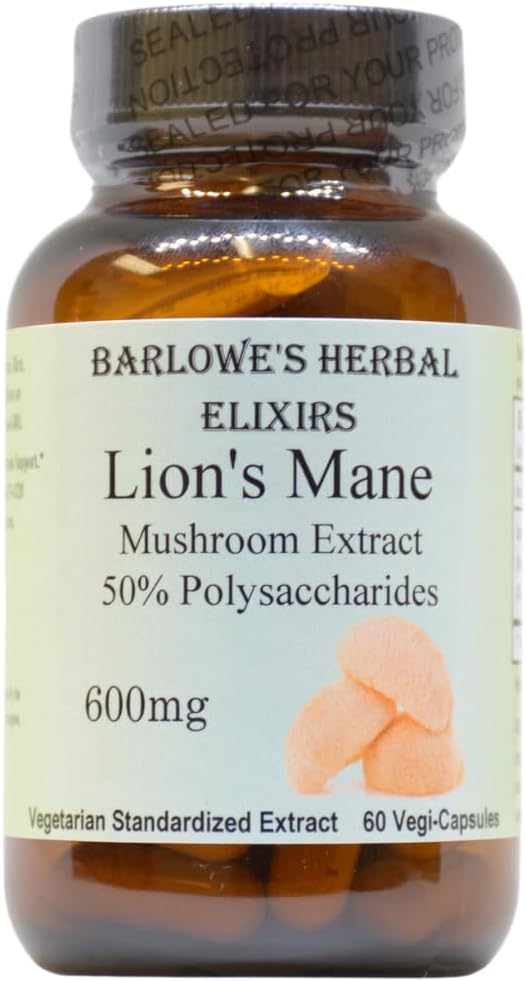 Barlowe's Herbal Elixirs Lion's Mane Mushroom Extract Capsules - Brain Health Support Supplement with 50% Polysaccharides - 60 Veggie Capsules