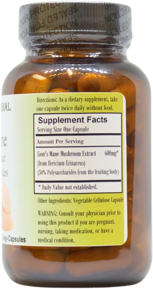 Barlowe's Herbal Elixirs Lion's Mane Mushroom Extract Capsules - Brain Health Support Supplement with 50% Polysaccharides - 60 Veggie Capsules