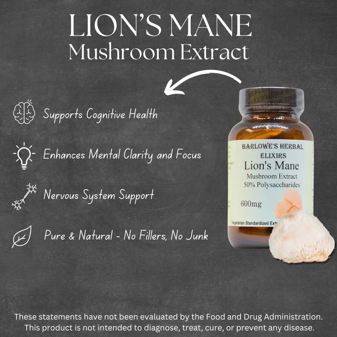 Barlowe's Herbal Elixirs Lion's Mane Mushroom Extract Capsules - Brain Health Support Supplement with 50% Polysaccharides - 60 Veggie Capsules
