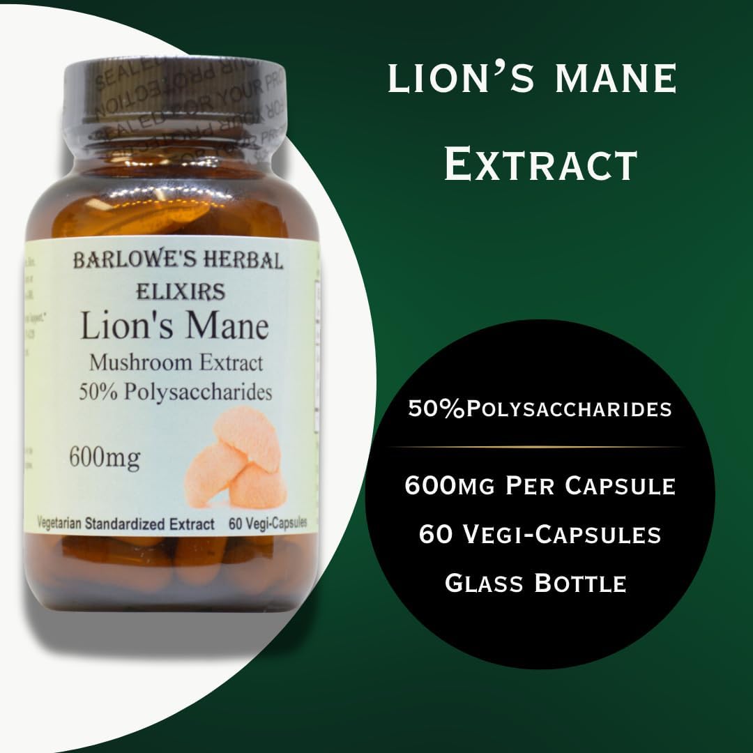 Barlowe's Herbal Elixirs Lion's Mane Mushroom Extract Capsules - Brain Health Support Supplement with 50% Polysaccharides - 60 Veggie Capsules