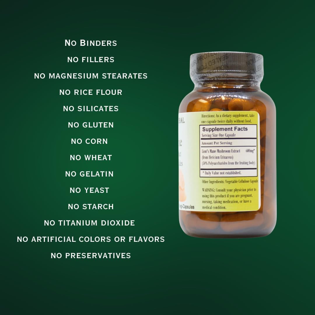 Barlowe's Herbal Elixirs Lion's Mane Mushroom Extract Capsules - Brain Health Support Supplement with 50% Polysaccharides - 60 Veggie Capsules