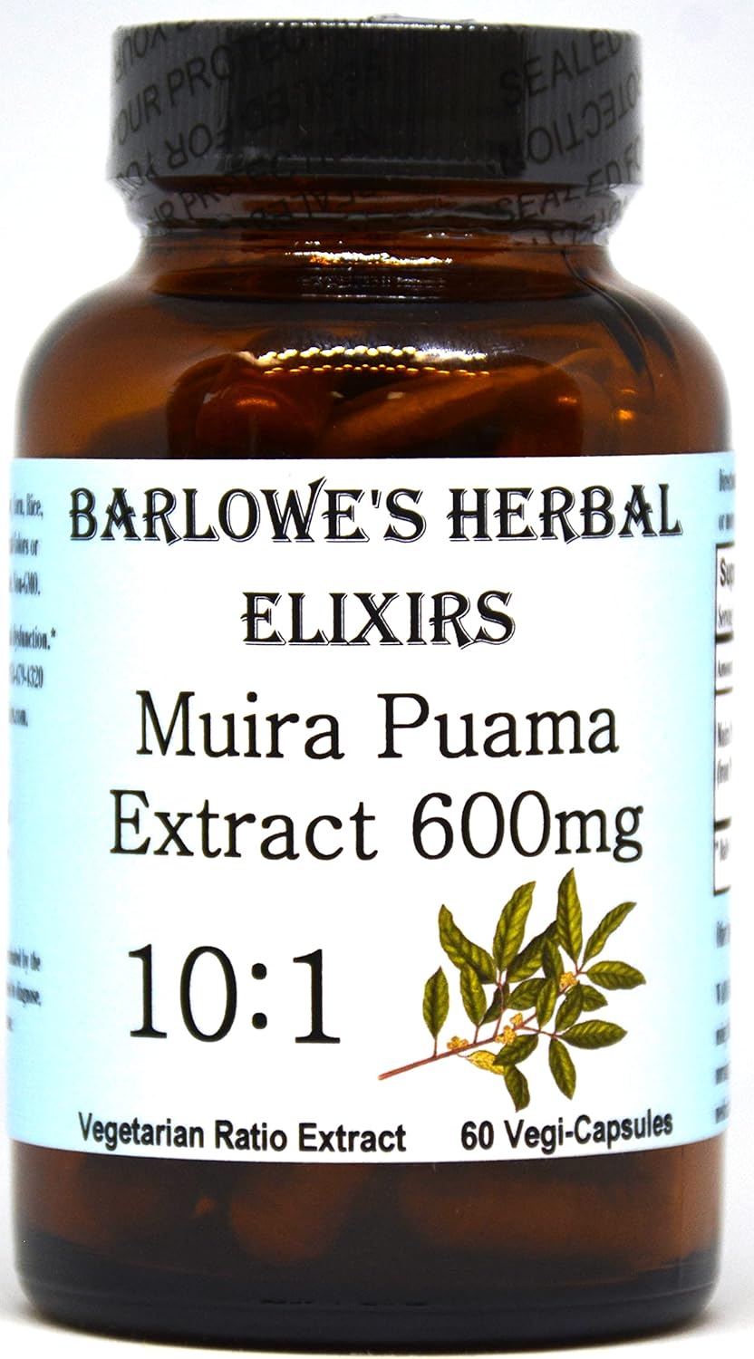 Barlowe's Herbal Elixirs Muira Puama 10:1 Extract Capsules - 600mg, 60 Count, Male Vitality Supplement, Vegan, Non-GMO, Glass Bottle Packaged