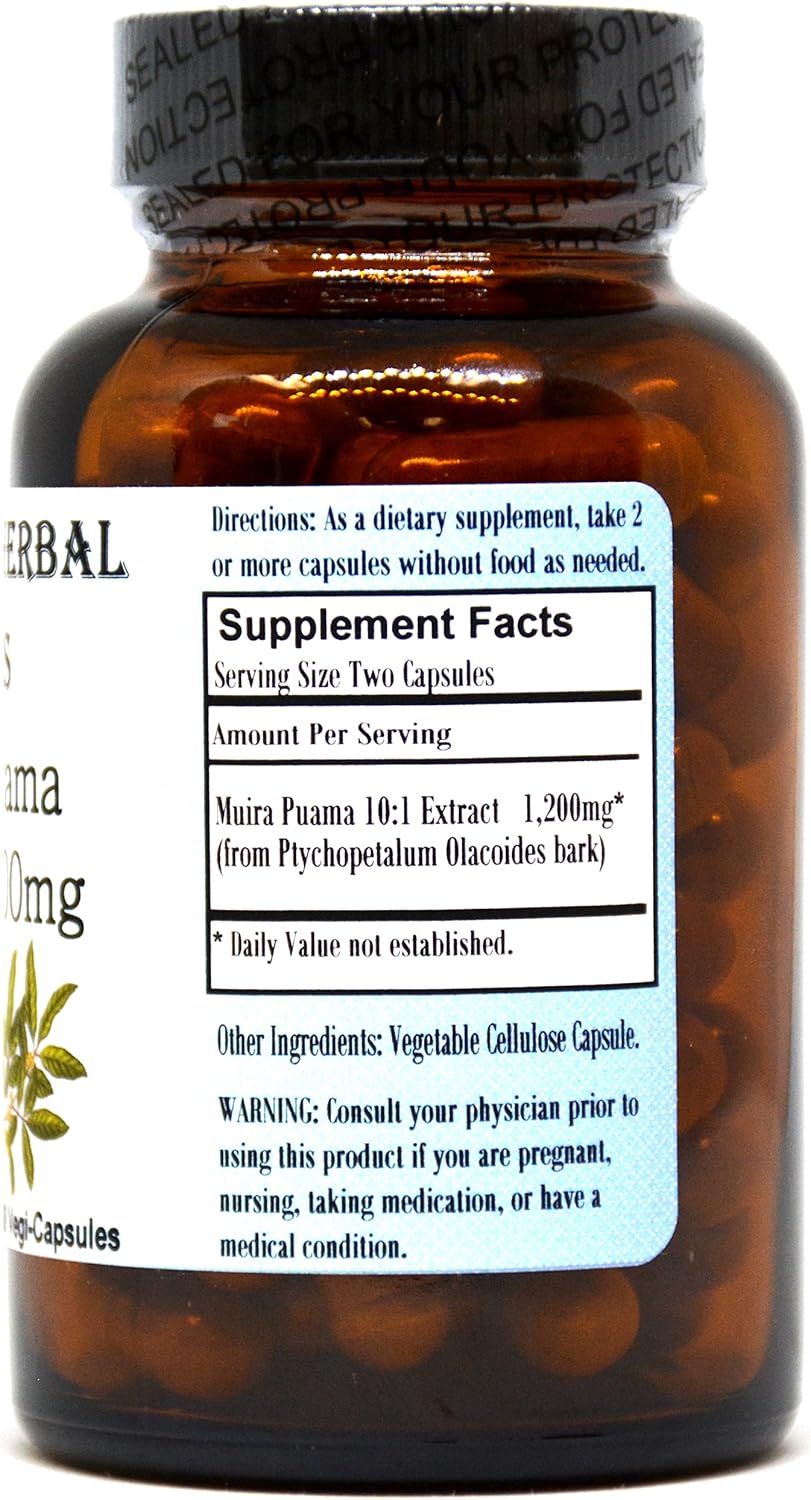 Barlowe's Herbal Elixirs Muira Puama 10:1 Extract Capsules - 600mg, 60 Count, Male Vitality Supplement, Vegan, Non-GMO, Glass Bottle Packaged