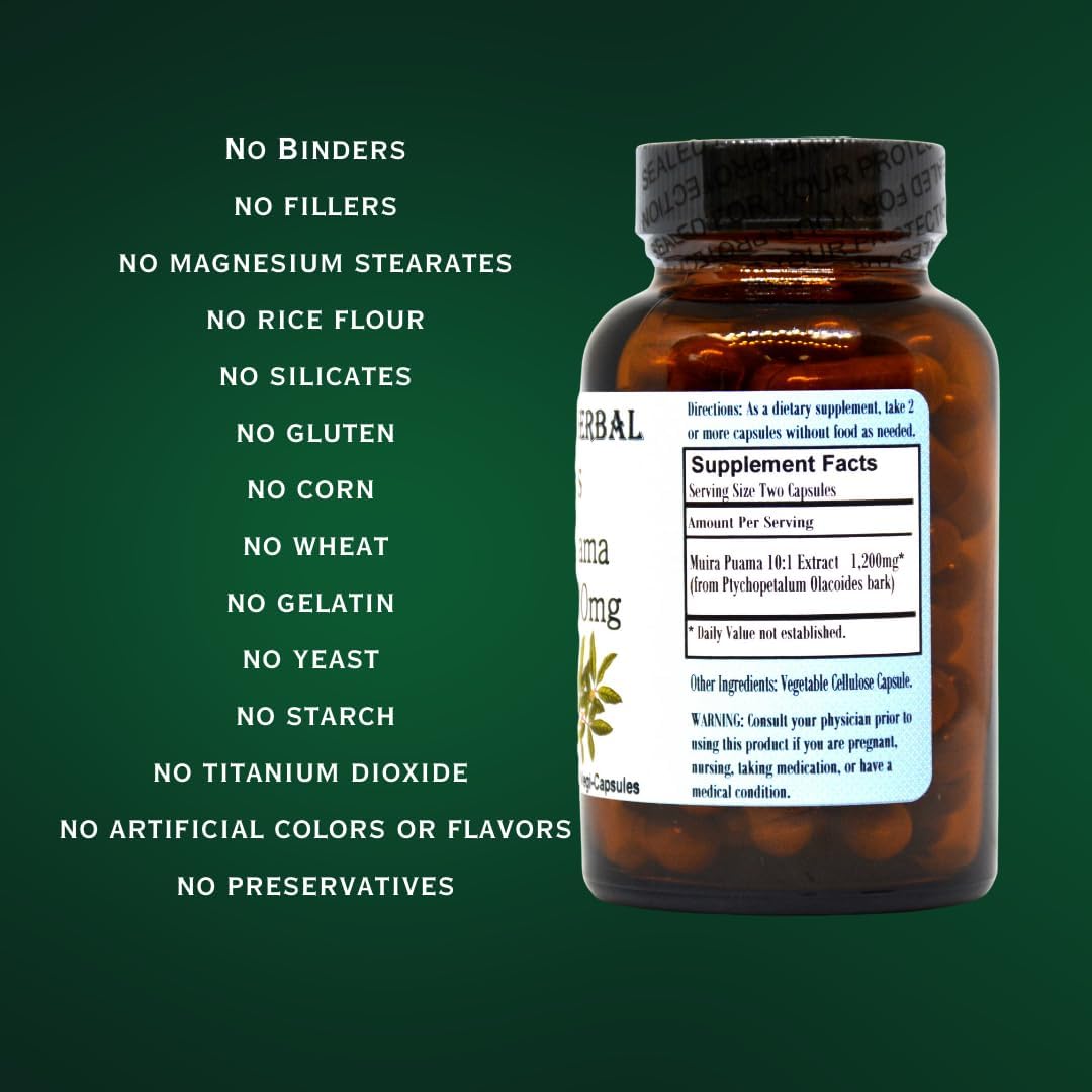 Barlowe's Herbal Elixirs Muira Puama 10:1 Extract Capsules - 600mg, 60 Count, Male Vitality Supplement, Vegan, Non-GMO, Glass Bottle Packaged