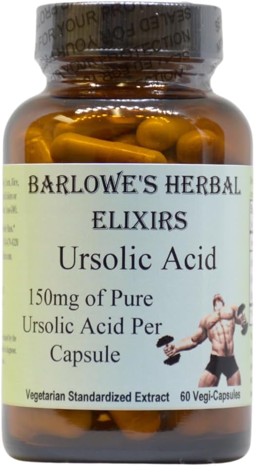Barlowe's Herbal Elixirs Ursolic Acid Extract 600mg Capsules - Pure Ursolic Acid Supplement with 150mg Per Capsule - 60 Veggie Capsules in Glass Bottle