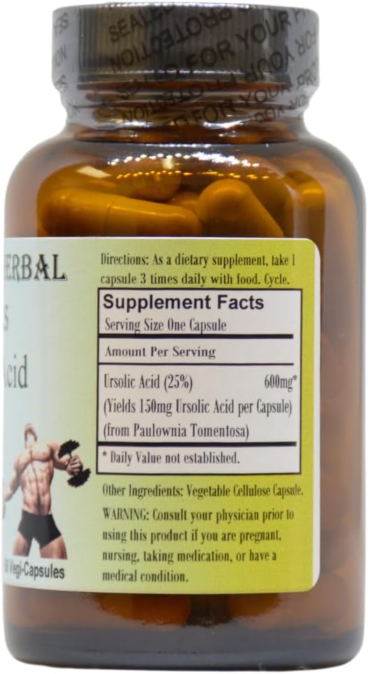 Barlowe's Herbal Elixirs Ursolic Acid Extract 600mg Capsules - Pure Ursolic Acid Supplement with 150mg Per Capsule - 60 Veggie Capsules in Glass Bottle