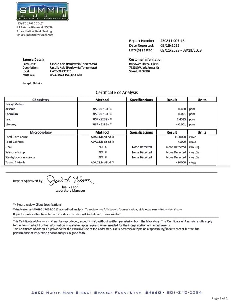 Barlowe's Herbal Elixirs Ursolic Acid Extract 600mg Capsules - Pure Ursolic Acid Supplement with 150mg Per Capsule - 60 Veggie Capsules in Glass Bottle