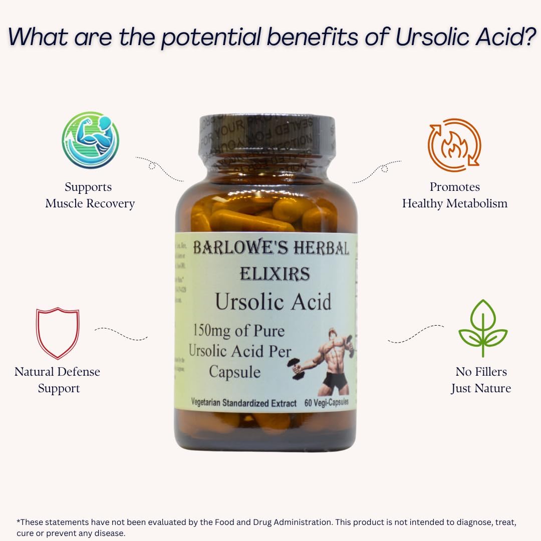Barlowe's Herbal Elixirs Ursolic Acid Extract 600mg Capsules - Pure Ursolic Acid Supplement with 150mg Per Capsule - 60 Veggie Capsules in Glass Bottle
